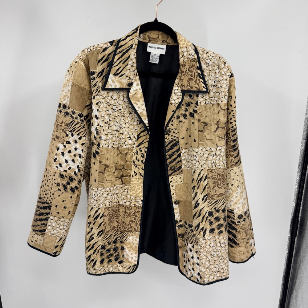 Alfred Dunner Silk Animal Print Patchwork Quilted Jacket Tan Brown Black Size 14